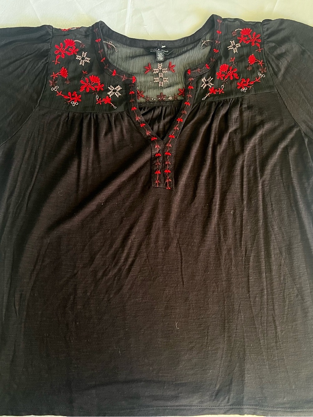 Lucky Brand Women’s Black Embroidered Peasant Top with Red Floral Detail